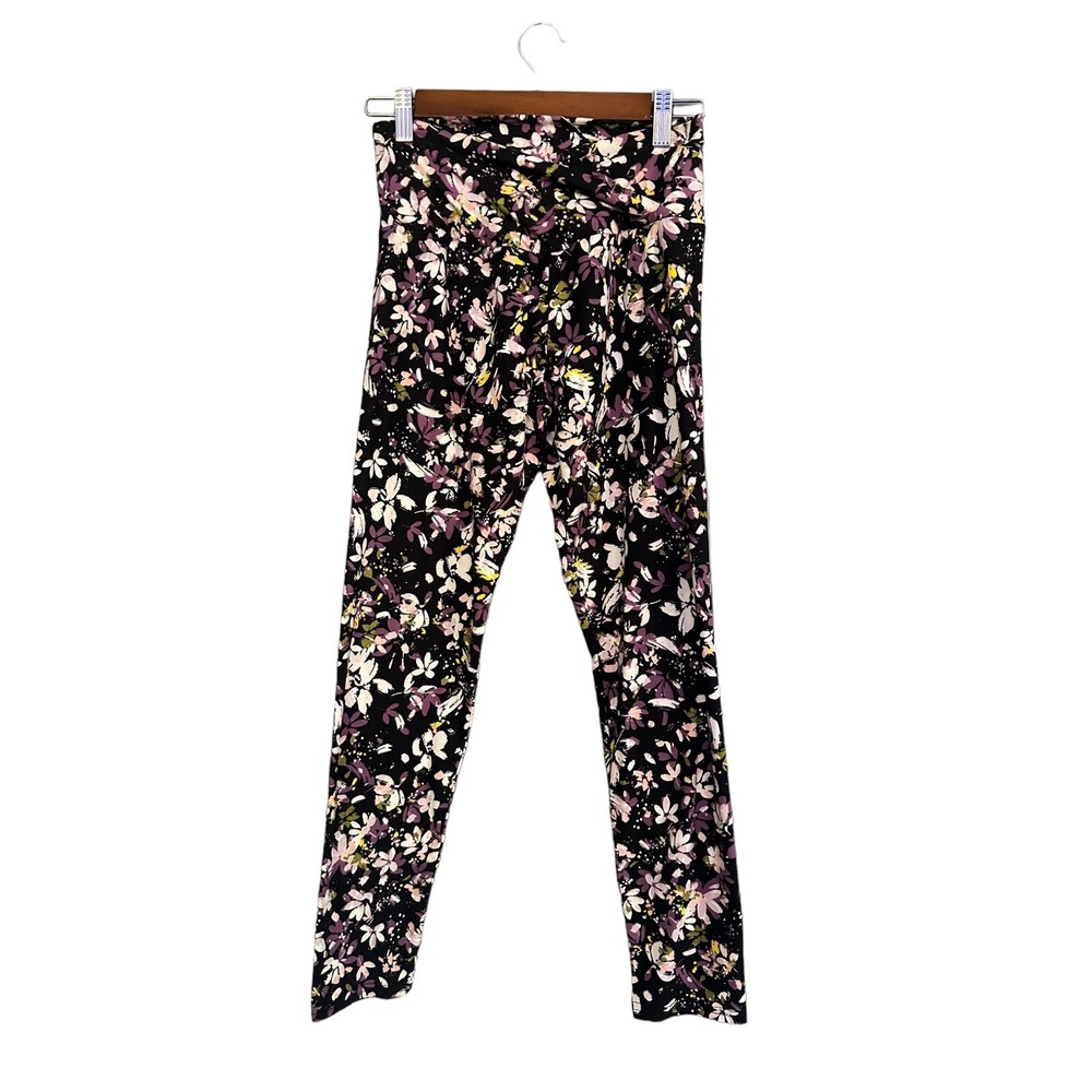 Floral Leggings Black and Purple Super Soft Ankle Juniors L (11-13)